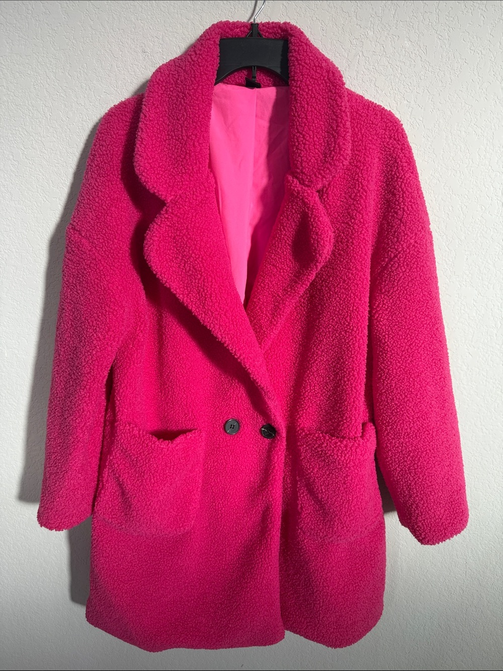SHEIN Hot Pink Teddy Coat with Lapel Collar